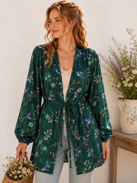 berrylush Tops - Berrywish Green Floral Bird Print Top